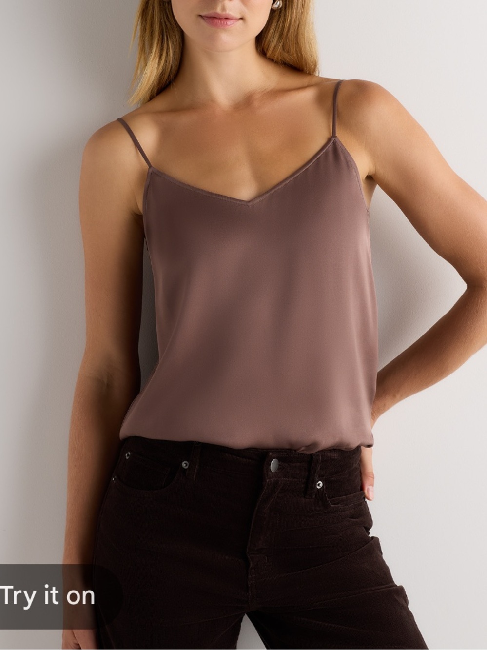 Quince Washable Stretch Silk V-Neck Cami in Mink Taupe Large